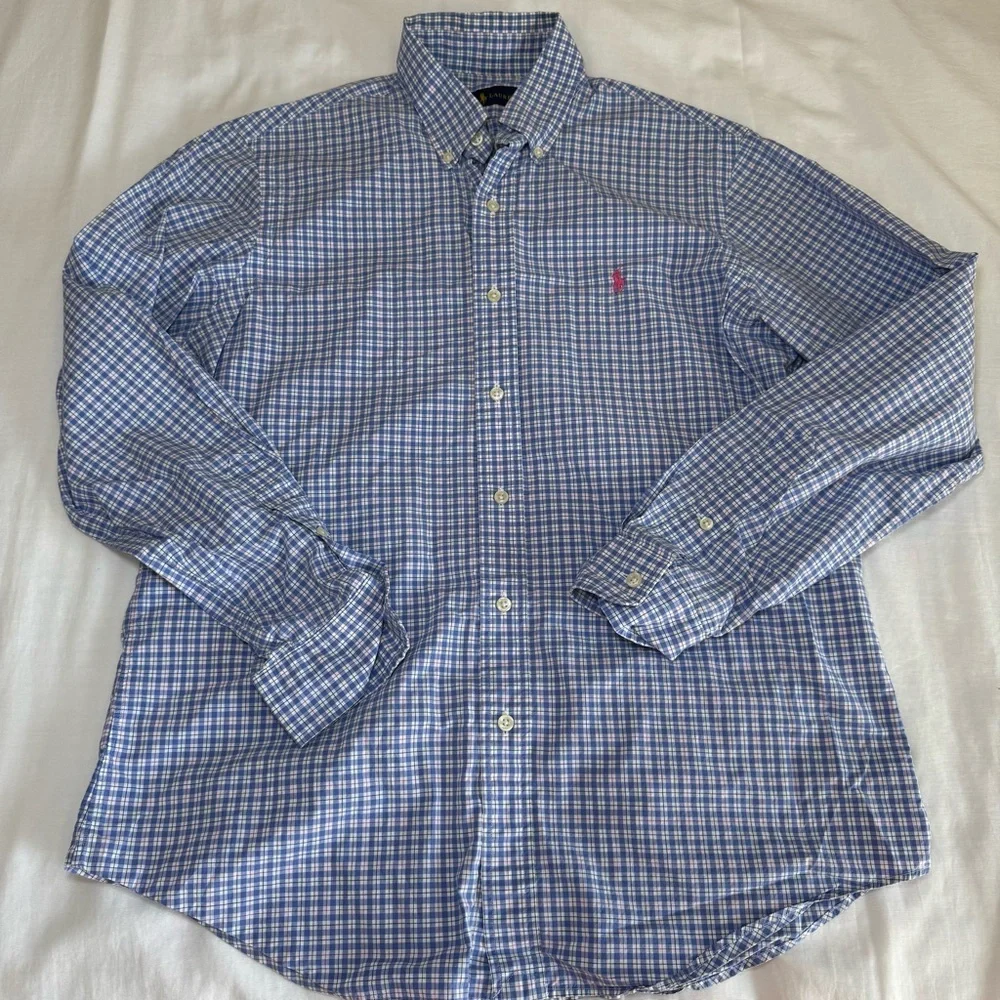 Polo Ralph Lauren Mens Medium Blue Plaid Cotton Oxford Button Down Shirt Preppy